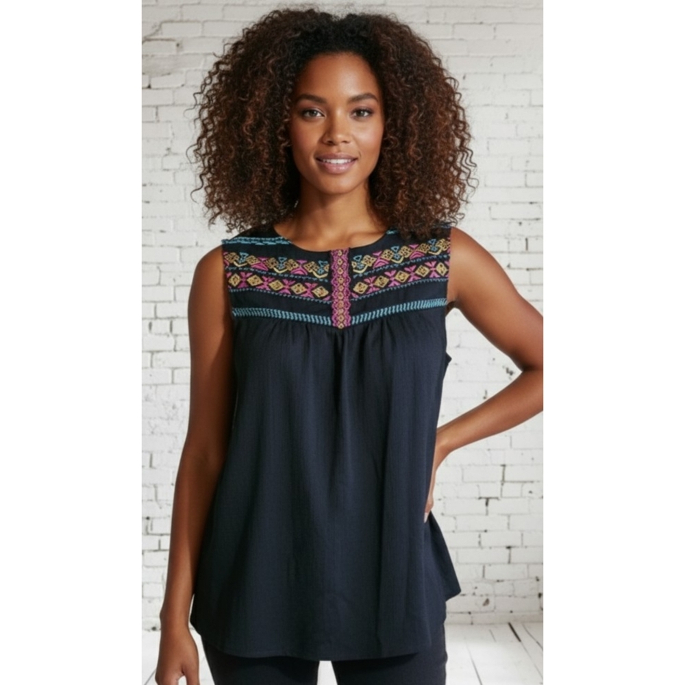 Adrianna Papell Crinkle Embroidered Tank Black Size S